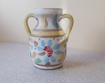 Mid Century Italian pottery vase,  Marked Italy on the bottom  Floral design with handles