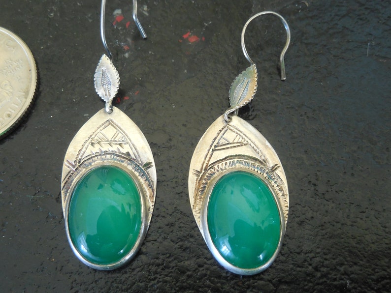 Authentic Southwestern Native American Navajo Signed with dots and a cross hammered Silver with green glass stone earrings