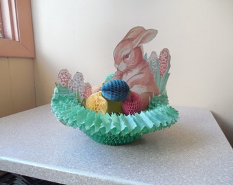 Antique Easter Fold out Easter Bunny and eggs paper Table ornament, with hyacinths  1930's in good condition