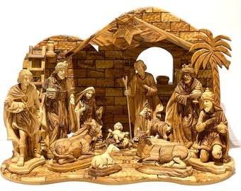 Unique Hand Carved Olive Wood Nativity Set - non glued -  Facial Figures (Extra Detailed)