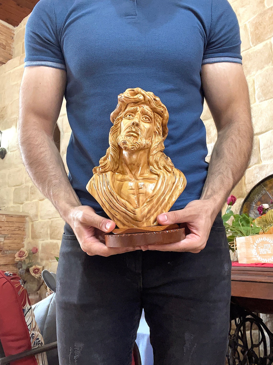 Hand Carved Wood Bust of Jesus Etsy