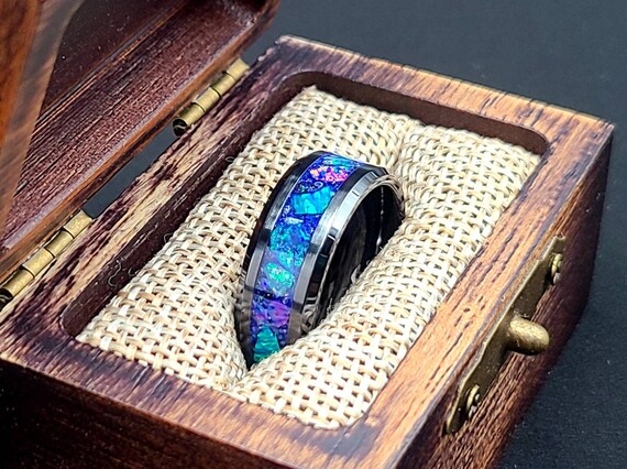 Black Ceramic Boho Ring Opal Inlay Wedding Band 6mm