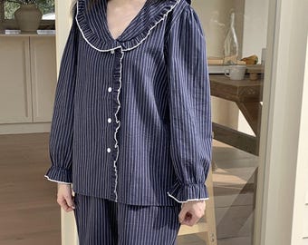 Striped Muslin Pajama Set with Sailor Collar :  Cotton Loungewear Gift for Her
