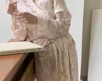 Morgenmantel / Musselin Toile De Jouy Robe / Musselin Loungewear / Nachtwäsche / Baumwoll-Pyjama / Geschenk für Sie / Musselin Kimono