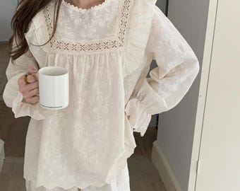 Romantisches Viktorianisches Pyjama Set: Spitze Baumwolle Öse Loungewear