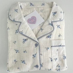 Muslin Blue Flower Pattern Pajama / Cotton Pajama / Muslin Pajama / Long sleeve Pajama / gift for her / gift for women / Lounge wear