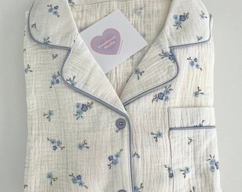Muslin Blue Flower Pattern Pajama / Cotton Pajama / Muslin Pajama / Long sleeve Pajama / gift for her / gift for women / Lounge wear