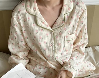 Pink Tulip Organic Cotton Pajama / Muslin Cotton Pajama / Couple Pajama / Summer Pajama / Gift for her / Gift for women