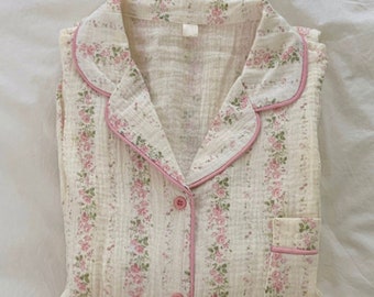 Pink Flower Organic Cotton Pajama / Muslin Cotton Pajama / Couple Pajama / Summer Pajama / gift for her / gift for women