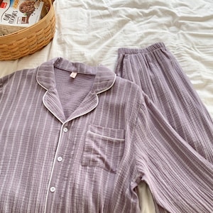 Matching Couple Pajamas Purple Stripe : Soft Double Gauze Cotton PJ Se