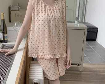 Ärmelloser Polka Dot Pyjamas: Sommer Rüschen Tank Top & Shorts Set