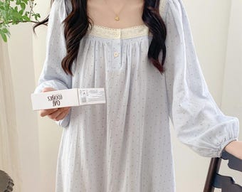 Light Blue Polka Dot Couple Pajamas : Soft Cotton Nightgown & Pajama Set