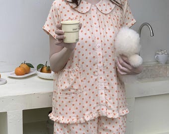 Sommer-Polka-Dot-Pyjama-Set: Weiche Baumwoll-Rüschen-Nachtwäsche, niedlicher Peter-Pan-Kragen-Pyjama