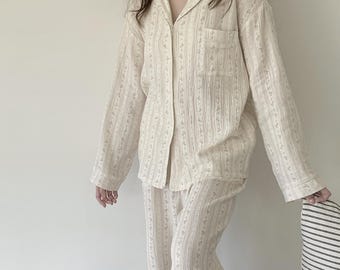 Pink Flower Organic Cotton Loungewear: Musselin Pyjama Set