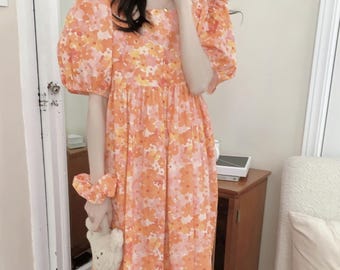 Sweet Cottagecore Floral Nightgown: Boho Style Pajamas with Matching Scrunchie