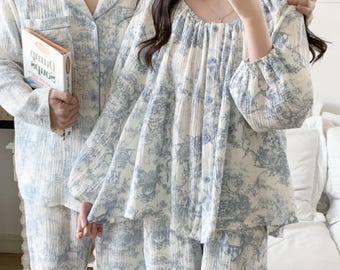 Matching Couple Blue French Country Floral Pajamas : Double Gauze Cotton Sleepwear, Toile De Jouy Sleepwear