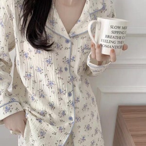 Muslin Blue Flower Pattern Pajama / Cotton Pajama / Muslin Pajama / Long sleeve Pajama / gift for her / gift for women / Lounge wear