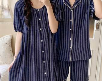 Navy Romantic Stripe Couple Summer Sleepwear : Soft Cotton Matching Pajama Set & Nightgown