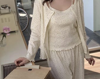 3-teiliges Floral Baumwolle Loungewear Set: Cami, Hose, Cardigan, Pyjama
