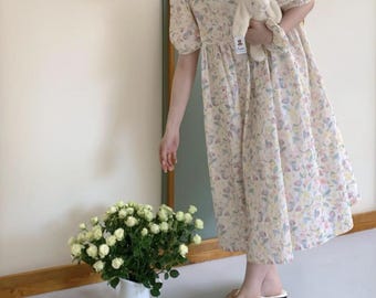 Floral Puff Ärmel Maxi Kleid: Pastell Aquarell Square Neck Sommer Sommerkleid