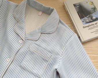Gestreifte Baumwolle Pyjama Set:Koreanische Designer Nachtwäsche