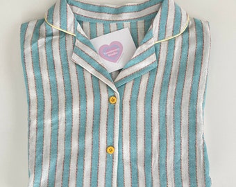 Blue Striped Organic Cotton Pajamas / Linen Pajamas / Women Pajama Set / Cute Stripe Pajama / Gift for her / Gift for women