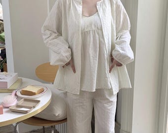Baumwolle Gestreiftes 3-Teiliges Loungewear Set: Gestreifte Cami und Hose mit Cardigan