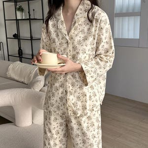 Vintage Floral Cotton Pajama Set – Cottagecore Long Sleeve Sleepwear - Loungewear for Women - Cotton Loungewear - Comfy Pjs - Gift