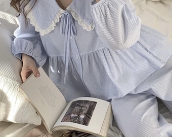 Pijama de encaje de algodón de 2 colores / Pijama de encaje / Precioso pijama con volantes / Pijama de algodón / Conjunto de pijama de encaje / Ropa de dormir con ojales / Regalo para ella