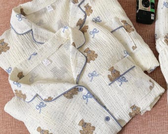 Paar Passende Bär Pyjamas: Süßes Sommer-Nachtwäsche-Set aus Baumwollgaze