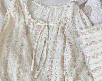 Pink Flower Bio-Baumwolle Pyjama Set - zerknitterte Musselin Baumwolle