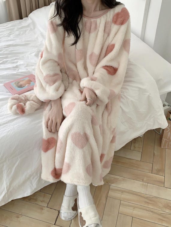 Cute Heart Pattern Sleep Dress : Fluffy Fleece Winter Nightgown - Etsy  Australia