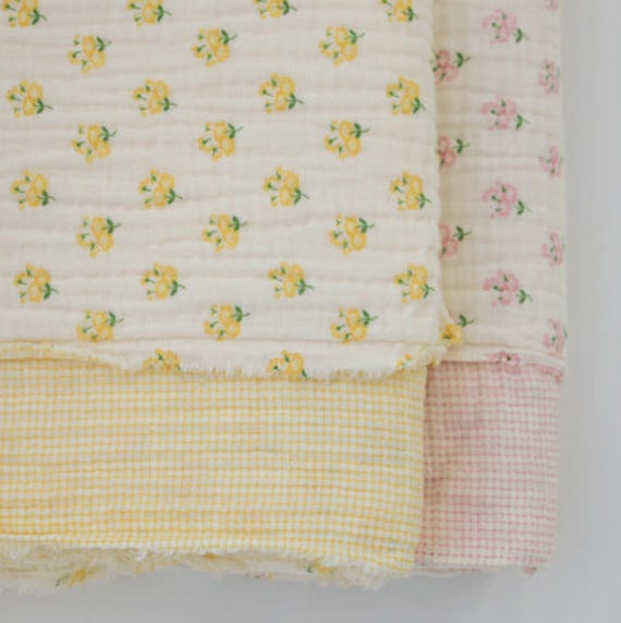 Floral Double Gauze Cotton Fabric - 4 Layer Cotton Muslin - Yellow or Pink Flower Print - Soft Lightweight Fabric by the Yard