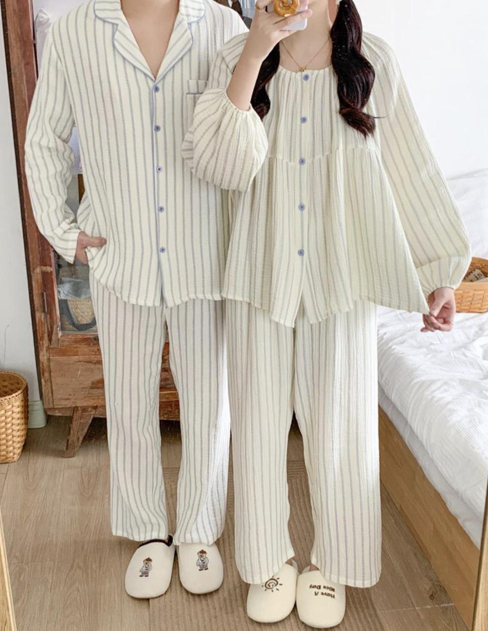 Romantic Blue Stripe Couple Sleepwear : Matching Pajama Set & Nightgown - Men’s Pajama Set