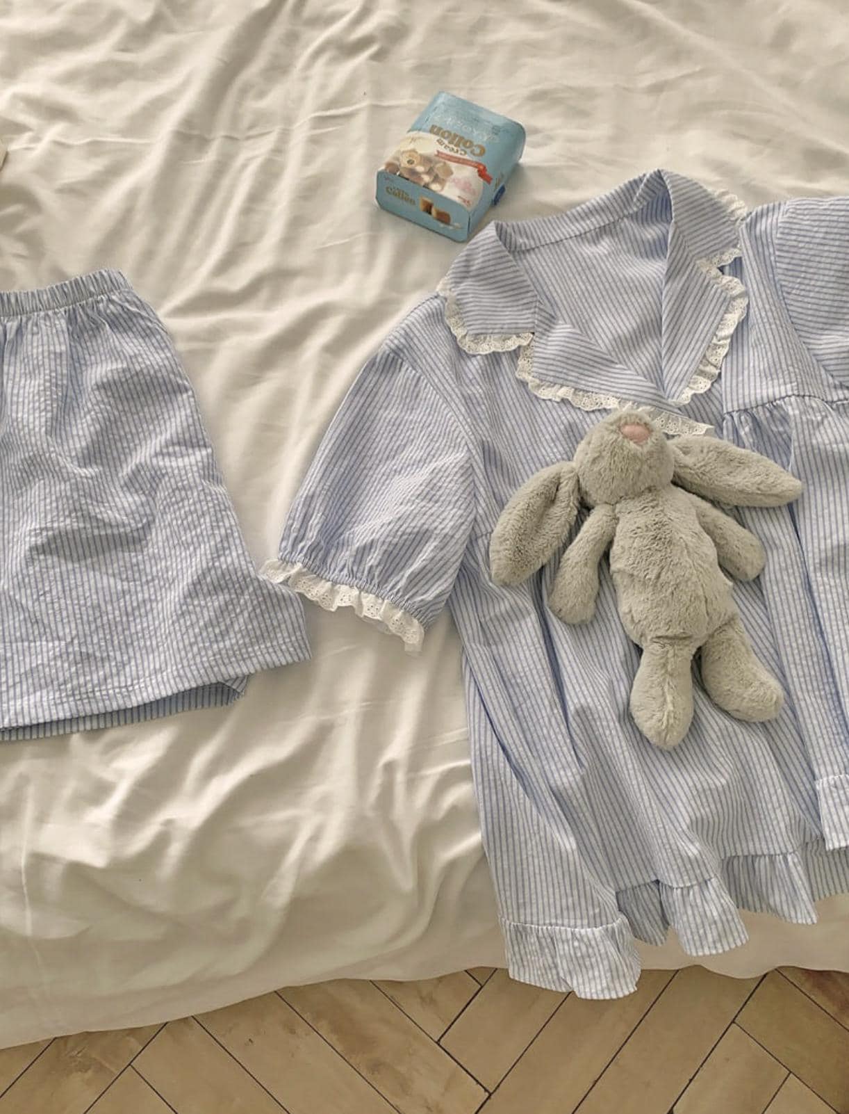 Blue Pinstripe Lace Cotton Lounge Set - Cute Comfy Pajama Set - Sleepwear for Women - Cotton Loungewear - Gift