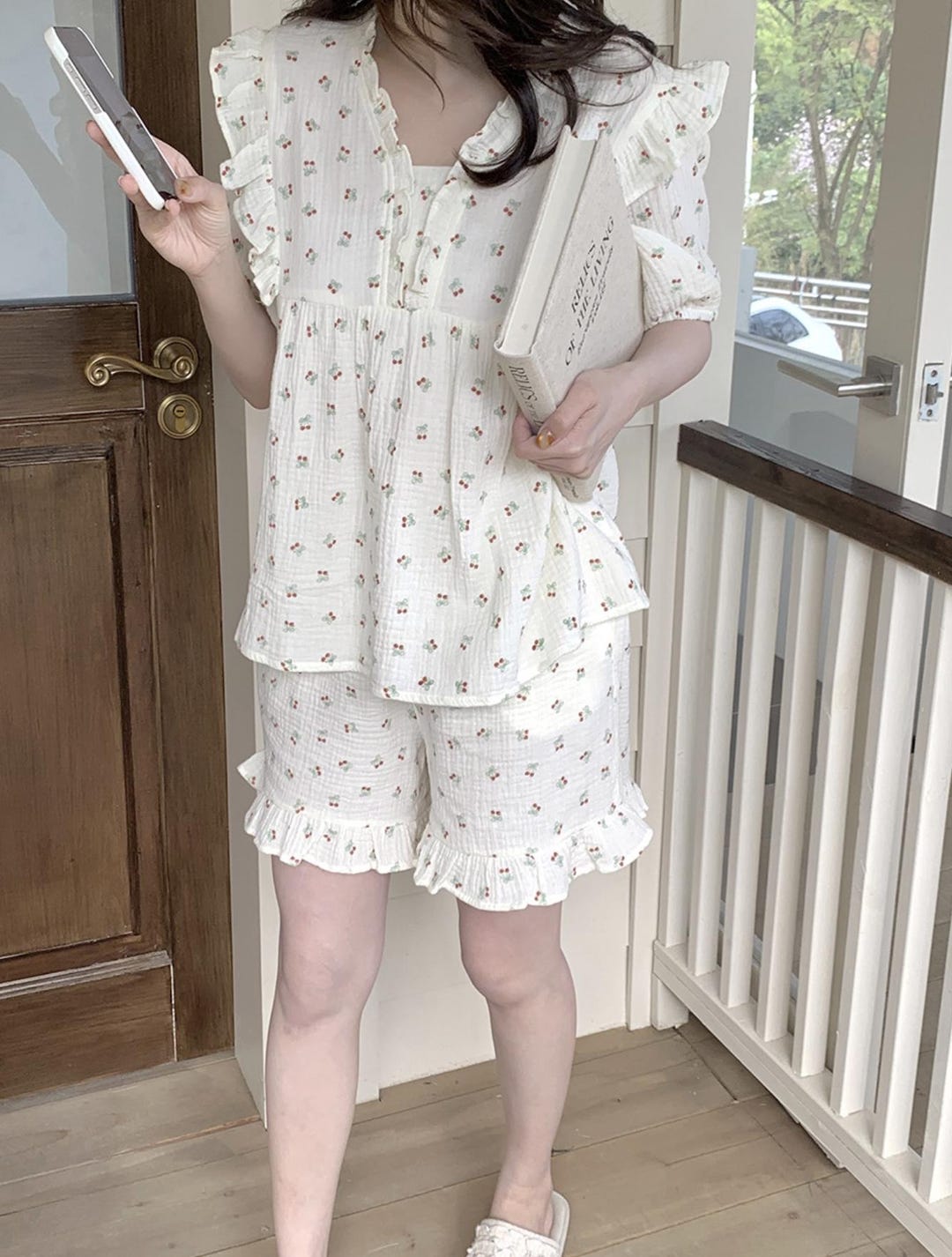 Cherry Print Muslin Cotton Pajamas : Ruffle Sleep Dress and Short Set ...