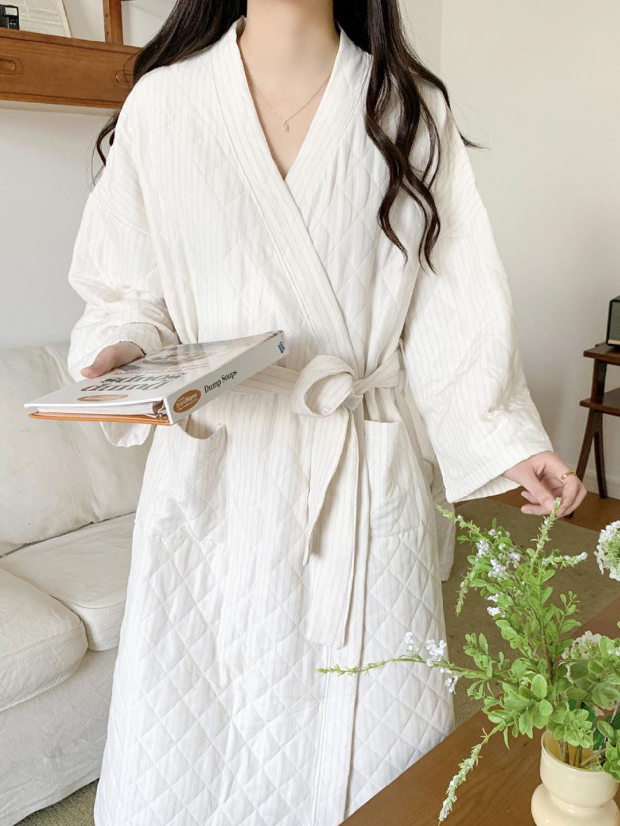 Quilted Cotton Robe Loungewear - Long Housecoat Bathrobe - Cozy Cotton ...
