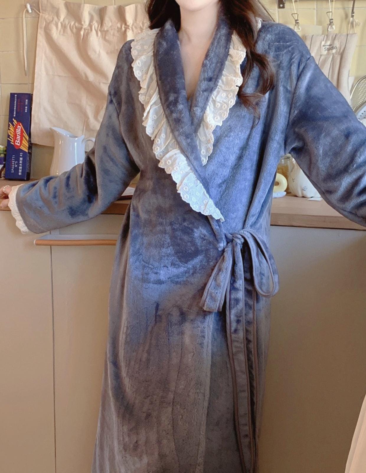Frilly Soft Robe Lace Ruffle Robe | Soft Velvet Fleece Bathrobe | Romantic Bridal ...