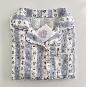 Blue Striped Bear Organic Cotton Pajama / Muslin Cotton Pajama / Couple Pajama / Summer Pajama / gift for her / gift for women