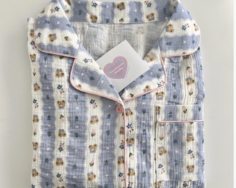 Blue Striped Bear Organic Cotton Pajama / Muslin Cotton Pajama / Couple Pajama / Summer Pajama / gift for her / gift for women