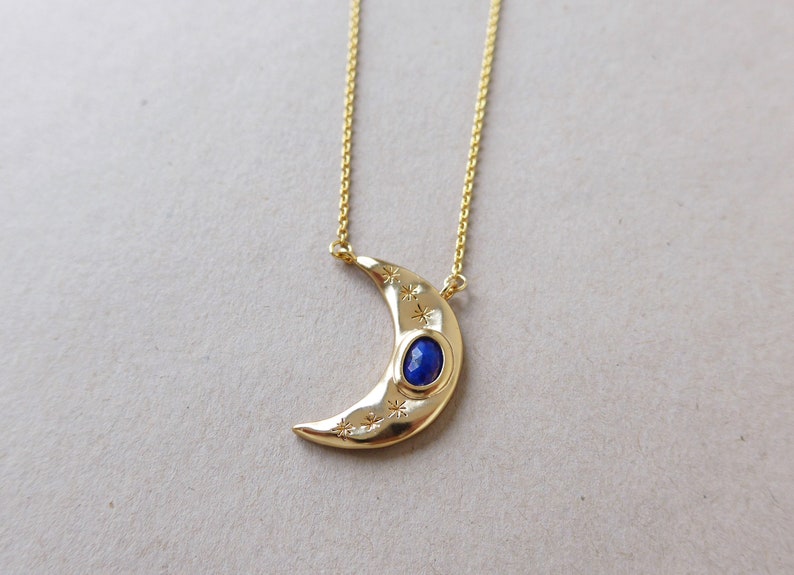 layering gold necklace gemstone necklace celestial necklace gift for her Crescent moon necklace with Lapis Lazuli