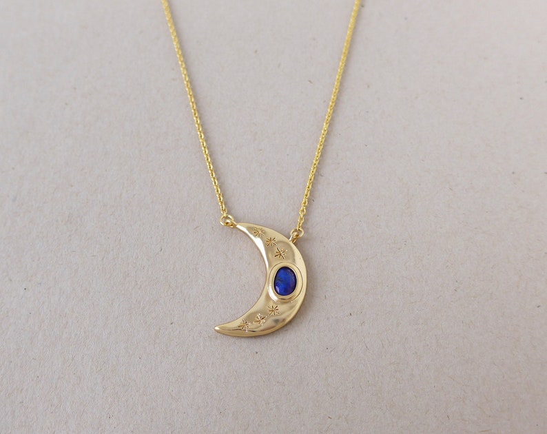 layering gold necklace gemstone necklace celestial necklace gift for her Crescent moon necklace with Lapis Lazuli