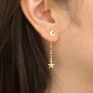14k Gold Filled Falling Star Dangle Earrings | Lightweight and Dainty Moon and Star Earrings