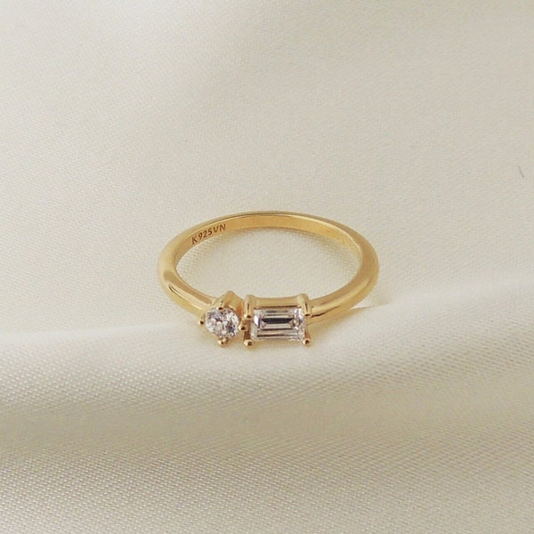 14K Gold Vermeil Dainty Toi et Moi Ring | Tiny Baguette and Round Diamond Ring | Double Stone Ring | Sterling Silver 925 | Anniversary Gift