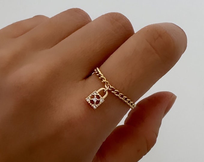 14k Gold Filled Dangle Padlock Chain Ring | Dangling Locket Chain Ring ...