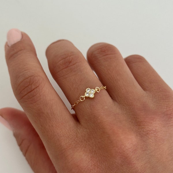 14k Gold Filled Tiny Clover Chain Ring | Lucky Clover Ring | QuatreFoil CZ Ring | Dainty and Delicate Chain Ring | Lucky Charm Ring
