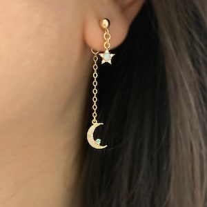 14k Gold Filled Opal Moon and Star Dangle Earrings | Celestial Opal Earrings | Dainty and Delicate | Crescent Moon