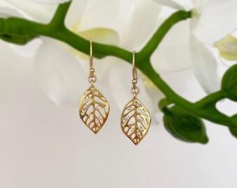 Gold Filled Monstera Leaf Earrings: Cubic Zirconia Hoops