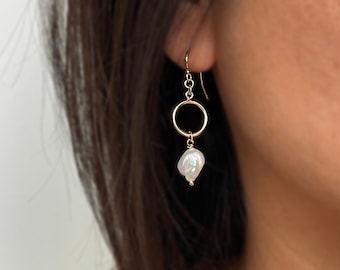 14k Gold Filled Baroque Pearl Dangle Earrings: Delicate Bridal Jewelry