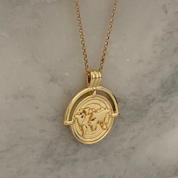 Gold Filled Earth Coin Necklace | Travelers Necklace | Globe Necklace | Layering and Stacking